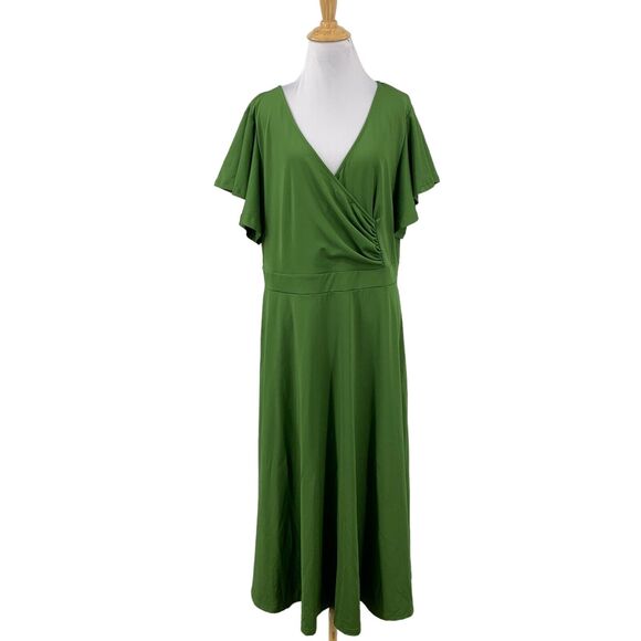 Dokotoo Dress Womens 2XL XXL Palm Green Flutter Sleeve Cotton Surplice A-Line - Picture 1 of 13